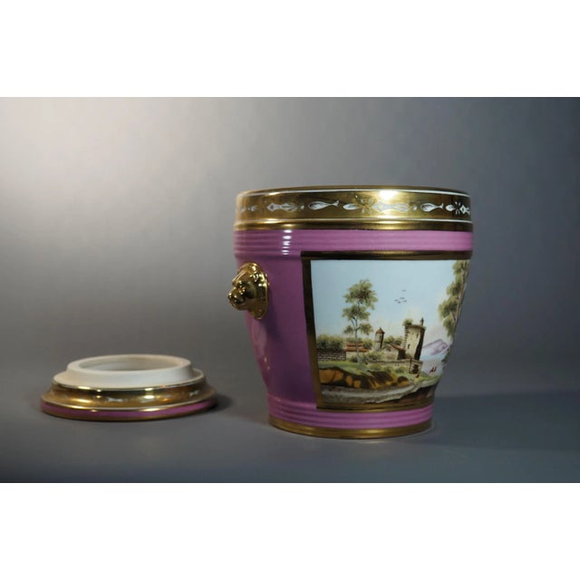 Antique 19th Century Paris Porcelain Cachepot with Orchid Flower Pot With Lion Mask Handles & Landscape Reserves on Pink Ground For Sale In New York - Image 6 of 10