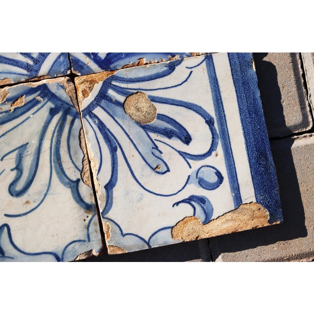 18th Century 18th Century Portuguese Set of Four Tiles Blue & White Floral Geometric Panel Antique Hand Painted For Sale - Image 5 of 10