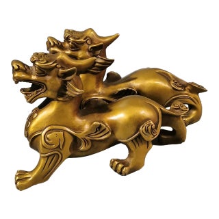 Pair of Vintage Brass Chinese Guardian Lions / Pixiu Statues For Sale