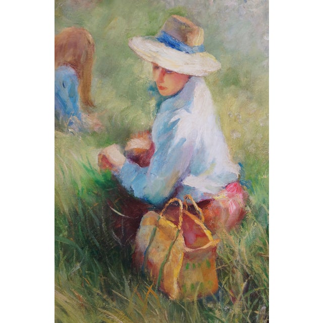 Late 20th Century Mother & Daughter Gathering Flowers Oil Painting After Richard Earl Thompson For Sale - Image 6 of 10