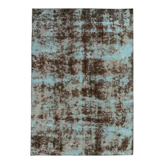 Vintage Distressed Turkish Handmade Teal Art Deco Woool Rug For Sale