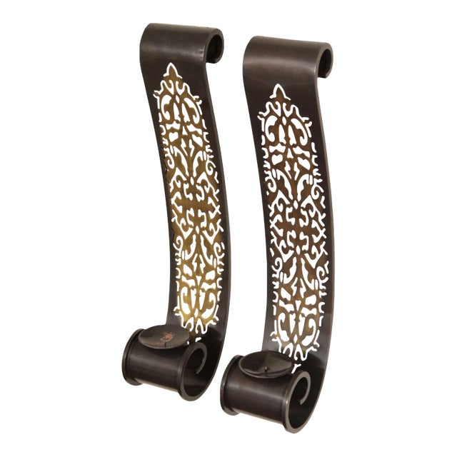 Bombay Company Pair Pierced Brass Candle Wall Sconces For Sale
