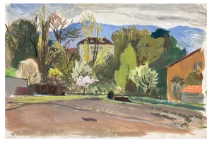 Isaac Charles Goetz, Geneva's Landscape: Villa in Front of the Salève, 1940, Artwork on Paper