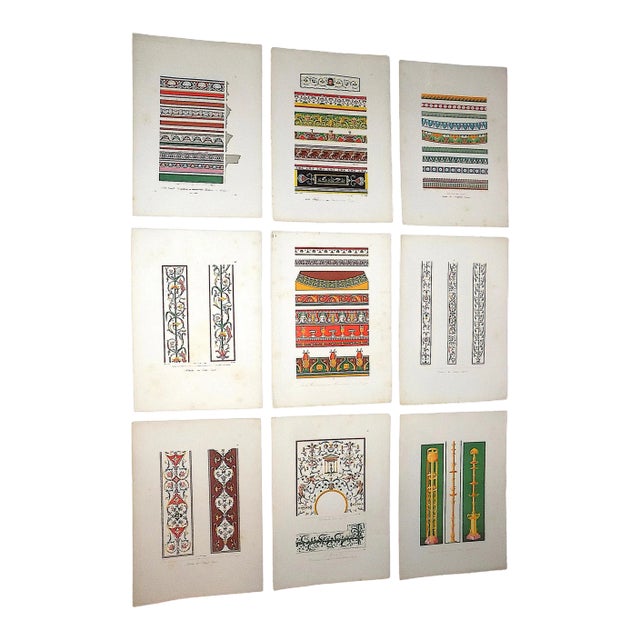 Authentic Antique 18th Century Large Folio Size Hand Colored Ornamental Design Lithographs - Set of 9 For Sale