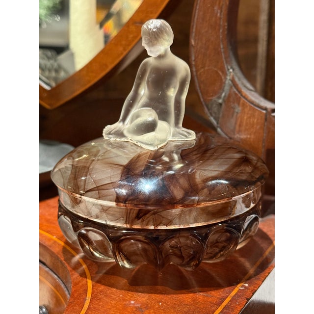 Art Deco Antique Thomas Davidson Glass Jewelry Box England 1922 With Woman Sculpture For Sale - Image 3 of 8