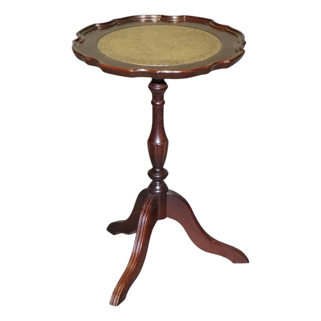 Vintage Georgian Style Tripod Wine Table with Scalloped Edge and Leather Inset Top For Sale