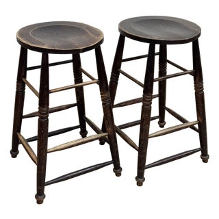 Vintage English Style Turned Wood Bar Stools, a Pair For Sale