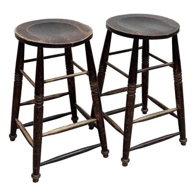 Vintage English Style Turned Wood Bar Stools, a Pair For Sale