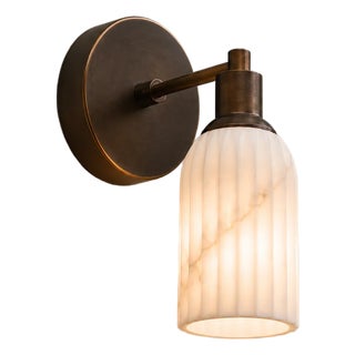 Brass Wall Sconce With Ribbed Natural Alabaster Shade, Modern Bathroom Vanity Lamp, Handcrafted Luxury Wall Lighting For Sale