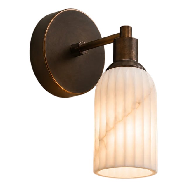 Brass Wall Sconce With Ribbed Natural Alabaster Shade, Modern Bathroom Vanity Lamp, Handcrafted Luxury Wall Lighting For Sale
