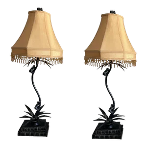1980s Maitland Smith Style Bronze Lamps, Monkeys Climbing Palm Trees, a Pair