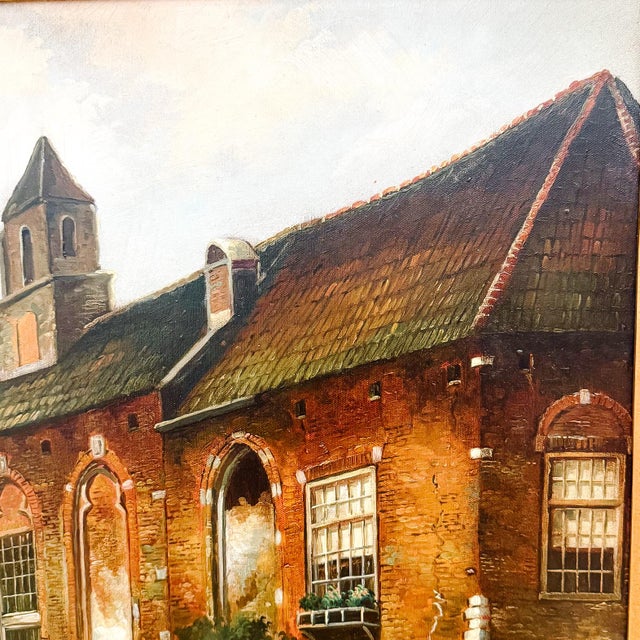 Large Scale Mid-Century Dutch Street Scene Oil on Canvas Painting After Willem Koekkoek For Sale - Image 4 of 11