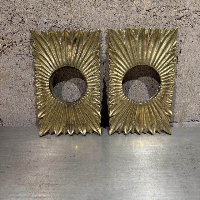 For your consideration, a pair of vintage Hollywood Regency-style sunburst door rosettes (or escutcheon backplates),...
