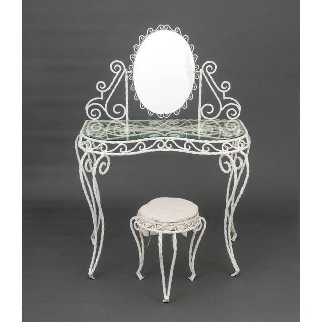 Modern Modern White Painted Wrought Iron Vanity and Stool For Sale - Image 3 of 13