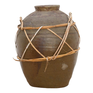 Antique Asian Stoneware Pot With Rattan Harness