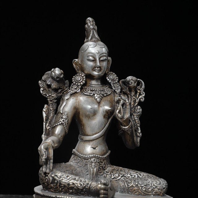 1910s Gilt Silver Green Tara Statue | 18cm Religious Buddhist Figure for Home Altar For Sale - Image 9 of 9