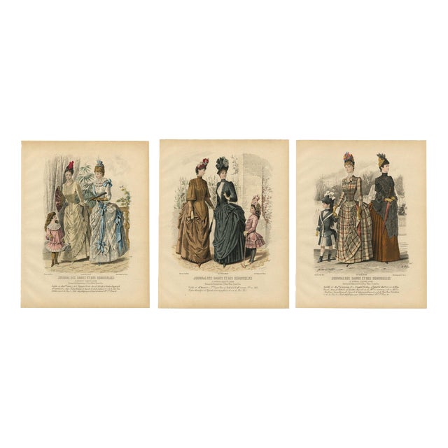 French Fashion Plates with Paris Ladies & Children, 1880, Engravings, Set of 3 For Sale