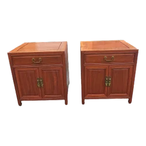 Pair Mid 20th Century Ming Style Rosewood Side Table Cabinets With Protective Glass Top