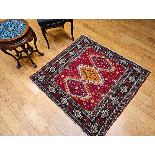 1900 - 1909 Vintage Persian Tribal Square Rug, Hand-Knotted Wool, Geometric Medallions Pattern, 4x4, Red & Blue For Sale - Image 5 of 15