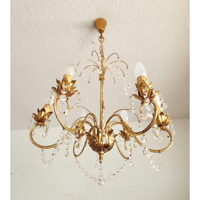 Gold Vintage Hollywood-Regency Gold-Plated Cascade 6-Light Waterfall Chandelier with Crystal Pendants, 1960s For Sale - Image 8 of 18