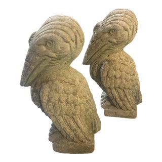 Pair of Vintage English Cast Stone Pelican Garden Statues For Sale