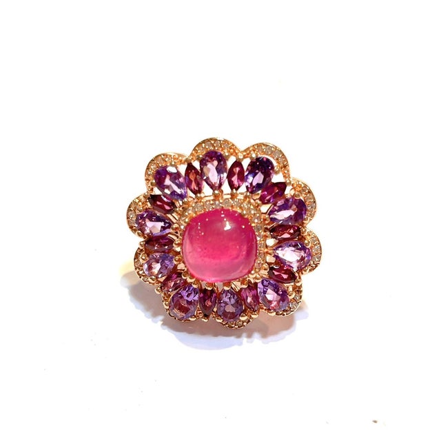 Art Deco Bochic “Flamenco” Ruby & Fancy Multi Color Gems 18k Gold & Silver Cocktail Ring Size 8.5 For Sale - Image 3 of 4