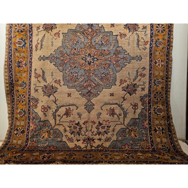 Vintage Turkish Oushak Rug, Handwoven Geometric Pattern, Ivory & Blue, 8' x 11' For Sale - Image 14 of 18