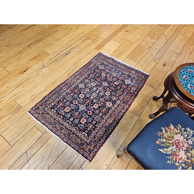 Vintage Persian Malayer Area Rug, Handwoven Allover Geometric Design, Navy & Red, 3’ X 4’ For Sale - Image 9 of 11