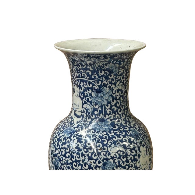 Oriental Blue White Kids Among Flower Graphic Porcelain Art Vase For Sale - Image 13 of 15