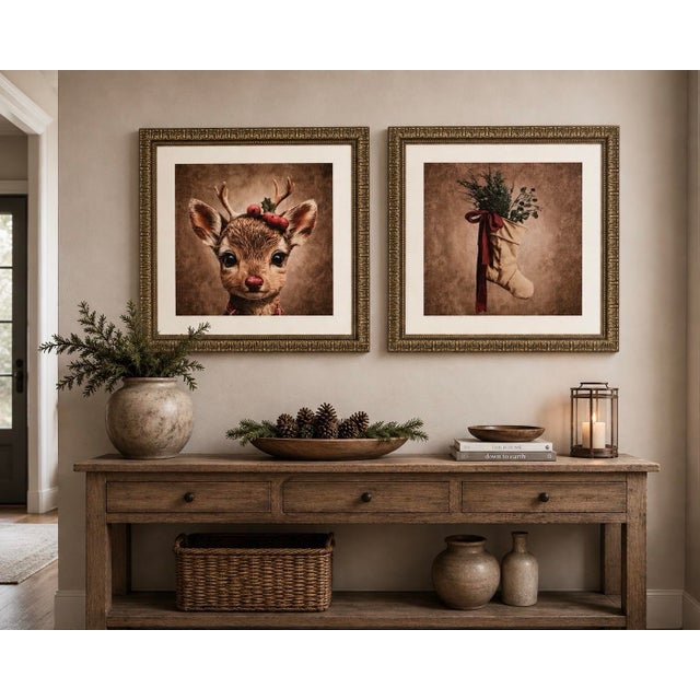 Wood Pair of 28” Square Christmas Canvas Canvas Prints in Heavy Carved Gilt Wood Frames For Sale - Image 7 of 12