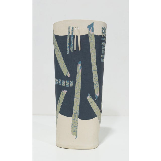 Blue Tobias Weissman Tall Glazed Inlaid Porcelain Vase, Signed, DTD 1982 For Sale - Image 8 of 9