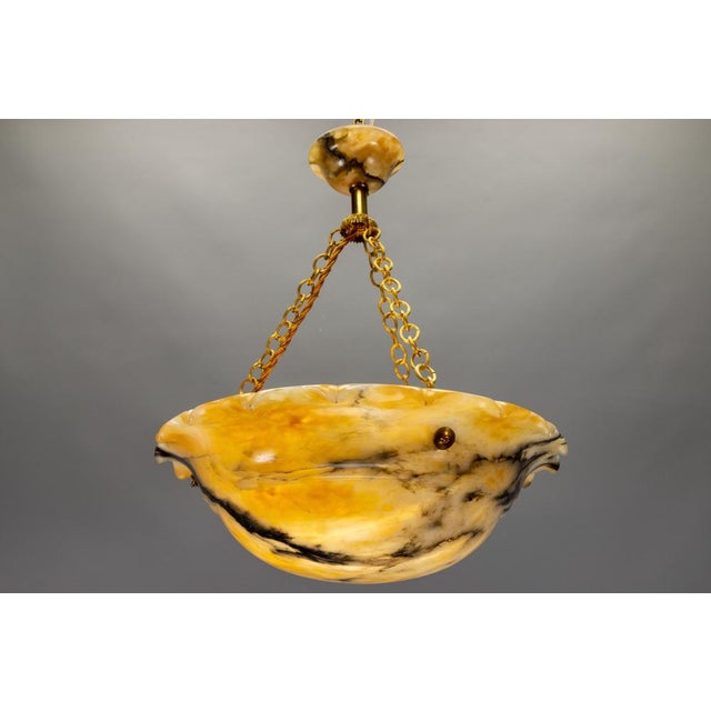 French Art Deco Yellow Alabaster Pendant with Dark Veining & Brass, 1920s For Sale - Image 15 of 18