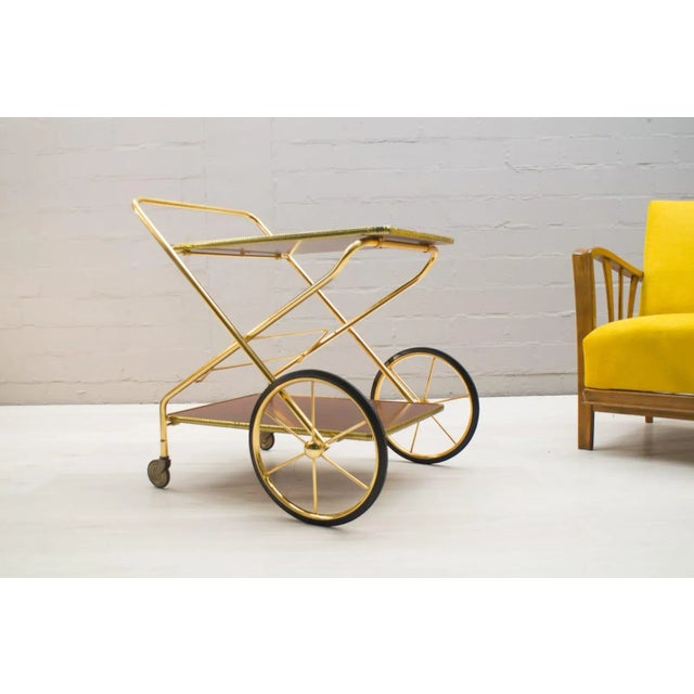 1960s Vintage Hollywood Regency Gold-Colored Mahogany Trolley, 1960s For Sale - Image 5 of 16