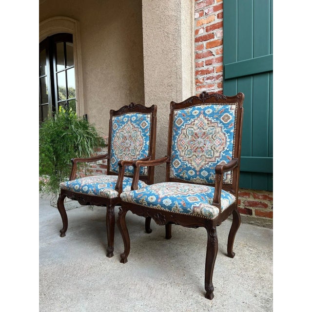 Rococo Pair Antique French Dining Arm Chairs Louis XV Carved Oak Blue Persian Textile For Sale - Image 3 of 18