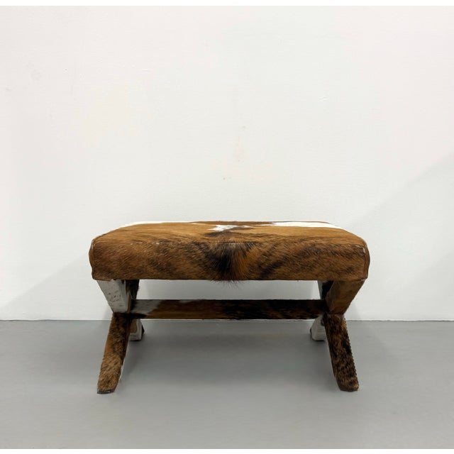 Campaign Vintage Cowhide Ottoman With Nailhead Trim For Sale - Image 3 of 7