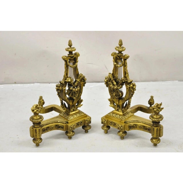 Antique French Empire Neoclassical Style Bronze Figural Lyre Harp Andirons - a Pair. Item features remarkable cast bronze...
