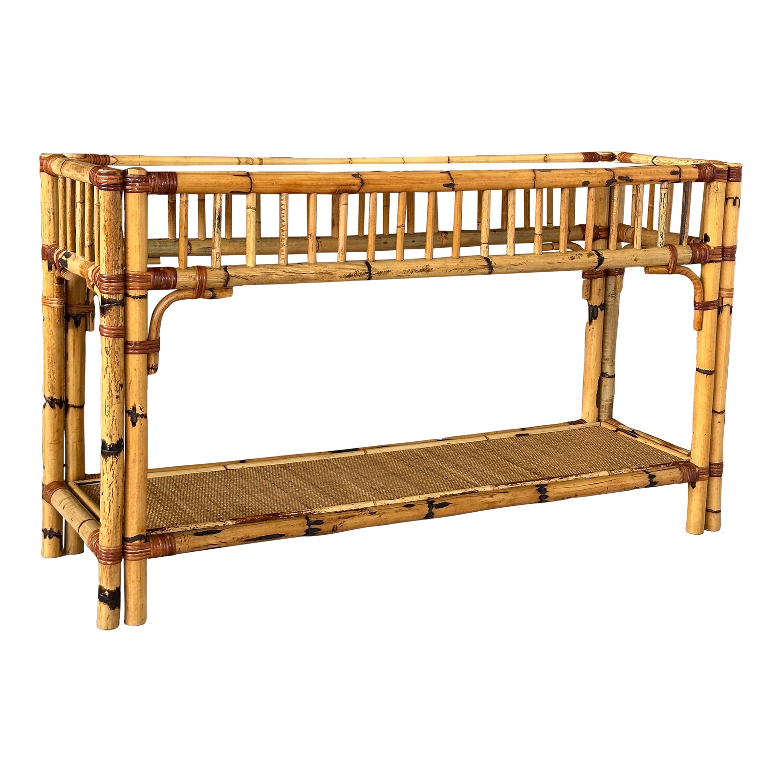 Vintage Coastal Scorched Bamboo Rattan Weave Console Table | Chairish
