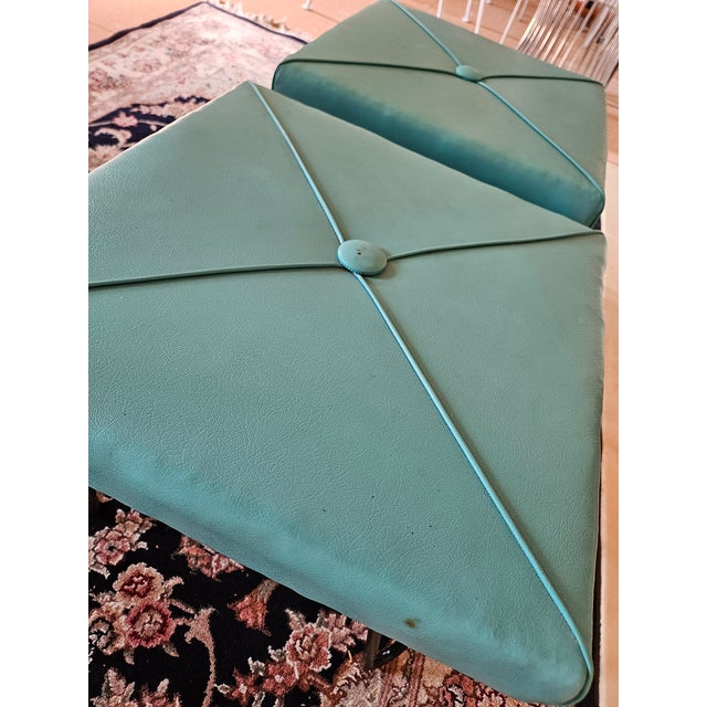 A Pair of Retro Mod Turquoise Vinyl Foot Stools With Steel Hairpin Legs For Sale - Image 4 of 4