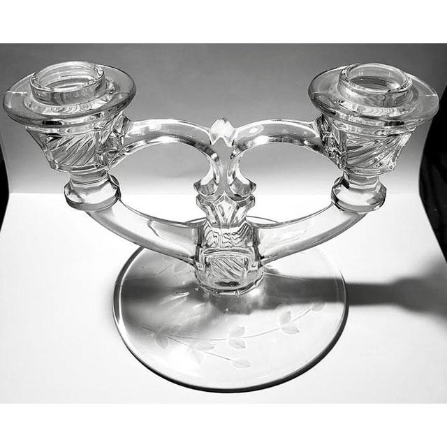 American Indiana Glass Company Double Candle Holder Etched Base - 1939-47 For Sale - Image 3 of 5