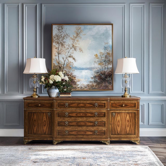 Brings formal 19th-century character to a dining room, living room, or entry, with mahogany, cerejeira veneers, and santos...