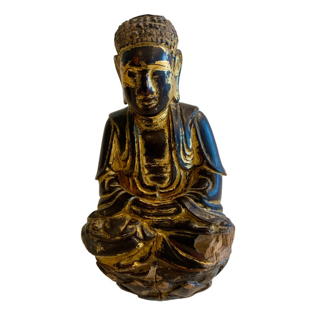 Solid Wood Buddha with Golden Patina, 20th Century For Sale