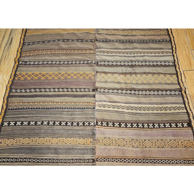 Stone Gray Antique Uzbek Tribal Soumak Kilim, Flat-Woven Wool, Stripe Pattern, Earth Tones, 5x8 For Sale - Image 8 of 14