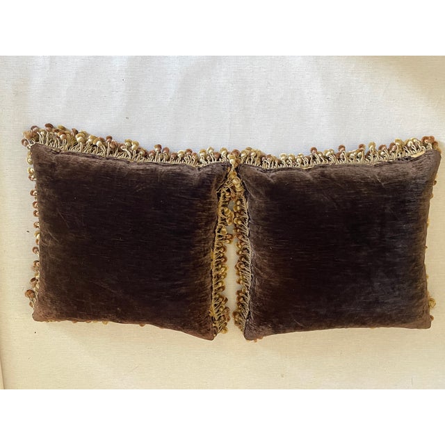 Gorgeous pair of Italian vintage cut velvet pillows with feather down inserts and double fringes trim in great condition.