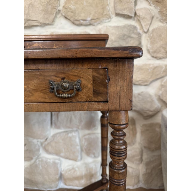 Wood Antique Edwardian Marquetry Ladies Wring Desk with Small Leather Top Workspace, 1920s For Sale - Image 7 of 18