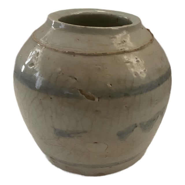 Antique Wabi-Sabi Crackle Glaze Stoneware Storage Jar With Blue Brushwork For Sale