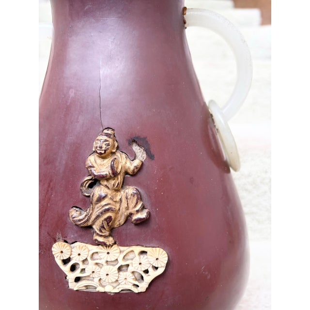1900 - 1909 Antique Chinese Wine Red Lacquer Wood Vase With Bone and Jade Accents. For Sale - Image 5 of 12