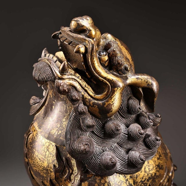 Monumental Vintage Gilt Bronze Guardian Lion Censer - Asian Mythical Beast Incense Burner For Sale In Los Angeles - Image 6 of 9