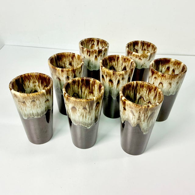 Ceramic 1980s Brutalist Boho Chic Arts & Crafts Lava Dripped Ironstone Glasses - Set of 8 For Sale - Image 7 of 13