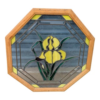 Vintage Stained Glass Floral Window Panel For Sale