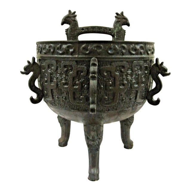 Vintage 1960's Ice Bucket Asian Motif Verdigris James Mont Style Barware For Sale